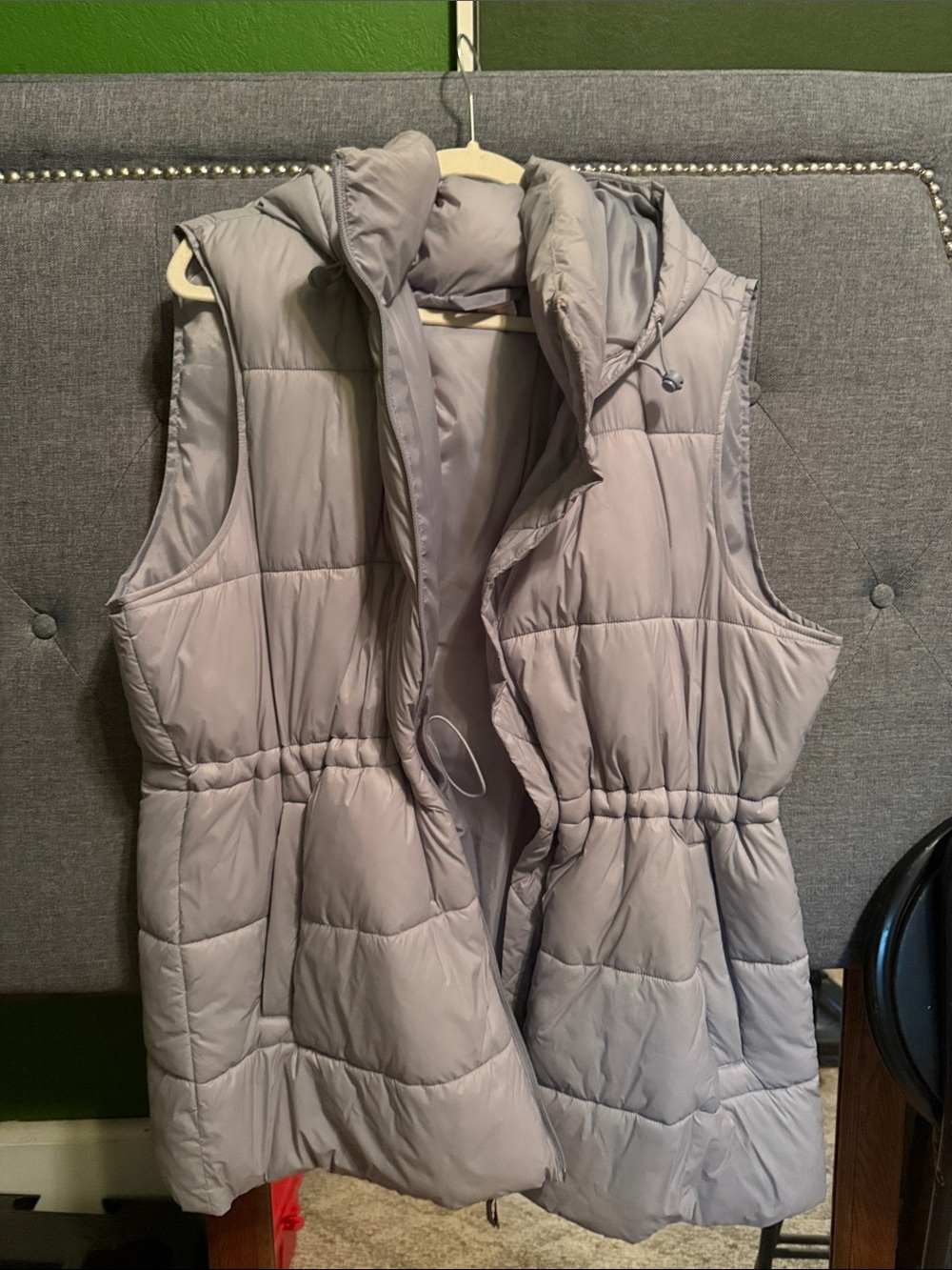 Long Light Gray Quilted Puffer Vest with hood